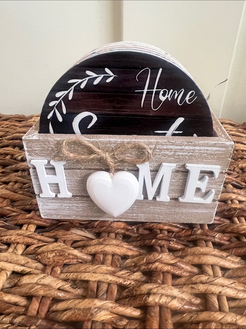 Set Of 6 Inspirational Coasters W/Rustic 'HOME' Decorative Box with Heart Accent